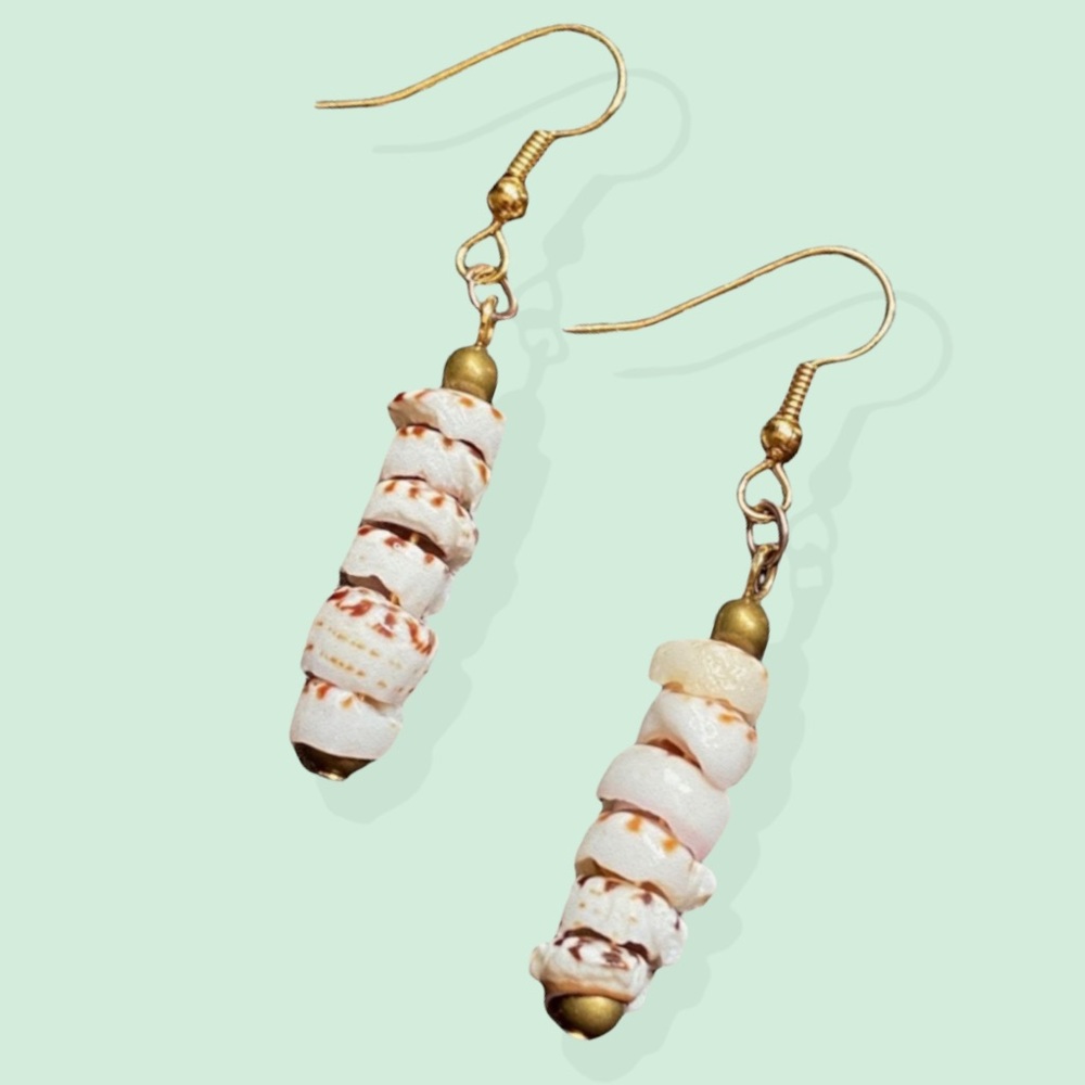 Hand Crafted Earrings Puka Stacked Seashell Gold Dangle Pierced Sea Ocean
